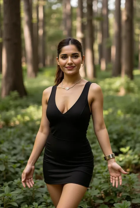  extreme beautiful full body portrait photo of Ruhani (celebrity ,actress , female , woman, photorealistic , realistic babe, lora) model, slight cleavage, tall figure , open arms, look at viewer smiling, necklace,  in a forest and hot black short and beaut...