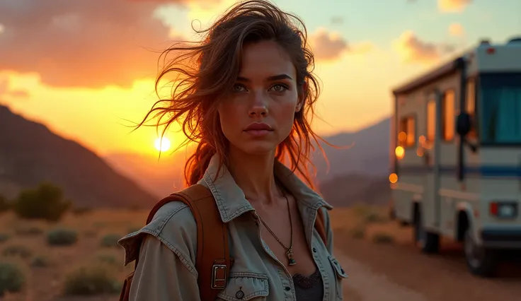 Dramatic portrait of a woman (Maria) with windswept hair, determined expression, sunset glow on her face, adventure-themed background with a winding road, RV, and mountains, bright daylight, vivid oranges and blues, MrBeast-style dynamic energy, text space...