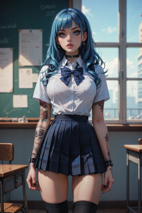 Gothic school girl, blue hair, 19 years old, perfect figure, blue eyes, third breast size, detailed face, perfect lips, standing at school, tattooed body, pierced nose, black knee-high socks, black school uniform, front view