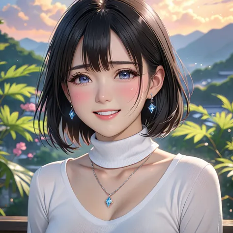  National Science Foundation , masterpiece, High Resolution,8k,Art,Digits,three-dimensional sense,Realism, Kyoto animation style ,your name movie style, looking at the camera ,( 1 girl: 1.3),( Alone : 1.4),Crystal Necklace,Crystal Earrings, black hair , lo...