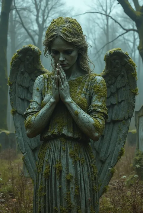 angel or grieving figure with head down and clasped hands.  Its surface is covered with moss and cracks , which emphasizes its antiquity. The face of the statue is partially destroyed,  but retains expressiveness and sadness . Around her are old,  slanting...