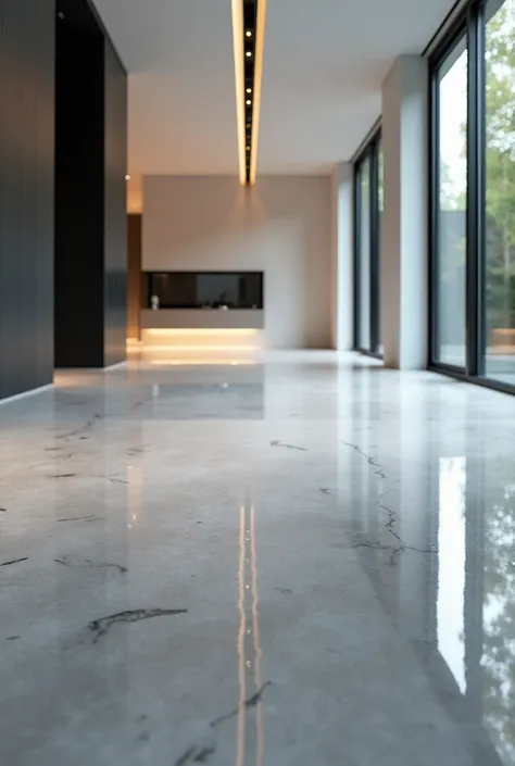  A modern floor finished with epoxy resin in shades of gray and intense shine , in a contemporary room with good lighting 