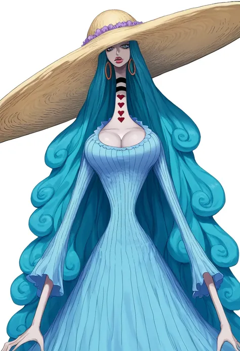 high quality,score_9, score_8_up, score_7_up, source_anime, solo, 1girl, Charlotte Amande,(Whole body),blue hair, blue eyes, gray skin,long neck,lips,hoop earrings, huge hat, choker, blue dress,cleavage,emotionless,looking at viewer, standing, white backgr...