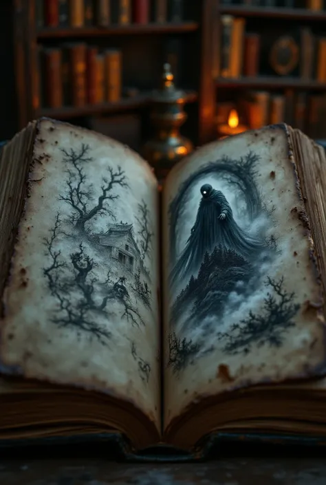 {{A ((realistic and detailed)) rendering of {an open old storybook with worn and textured pages:1.4}}} showing {((a highly detailed ink drawing of a mysterious forest giant with glowing eyes, surrounded by thick trees and fog:1.3))}. This is an image inspi...