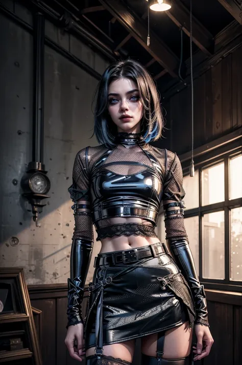 lora_Emma, perfecteyes eyes, jinx, (cowboy shot),a pretty 21 year old girl,back hair,short hair, hair over one eye,blue eyes,skinny body type, ((ultra glossy and shiny latex)), (((black mesh shirt with lace))),(black raffled latex skirt with lace flair), (...