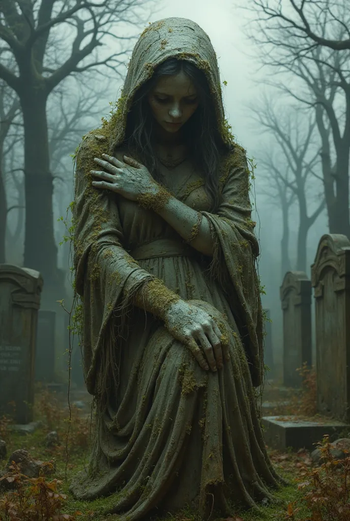 grieving figure with head down and clasped hands.  Its surface is covered with moss and cracks , which emphasizes its antiquity. The face of the statue is partially destroyed,  but retains expressiveness and sadness . Around her are old,  slanting tombston...