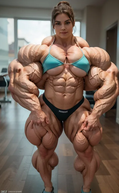 Midel detaile face, bikini outfit, (muscle texture:1.6), giga bodybuilder, Beautiful Elementary School Girl,, dressed ballerina pitfit, 200kg, gigantic muscles, Full body photo in sandals , Hyper definition muscles, long hair black, dressed as ballerina, f...