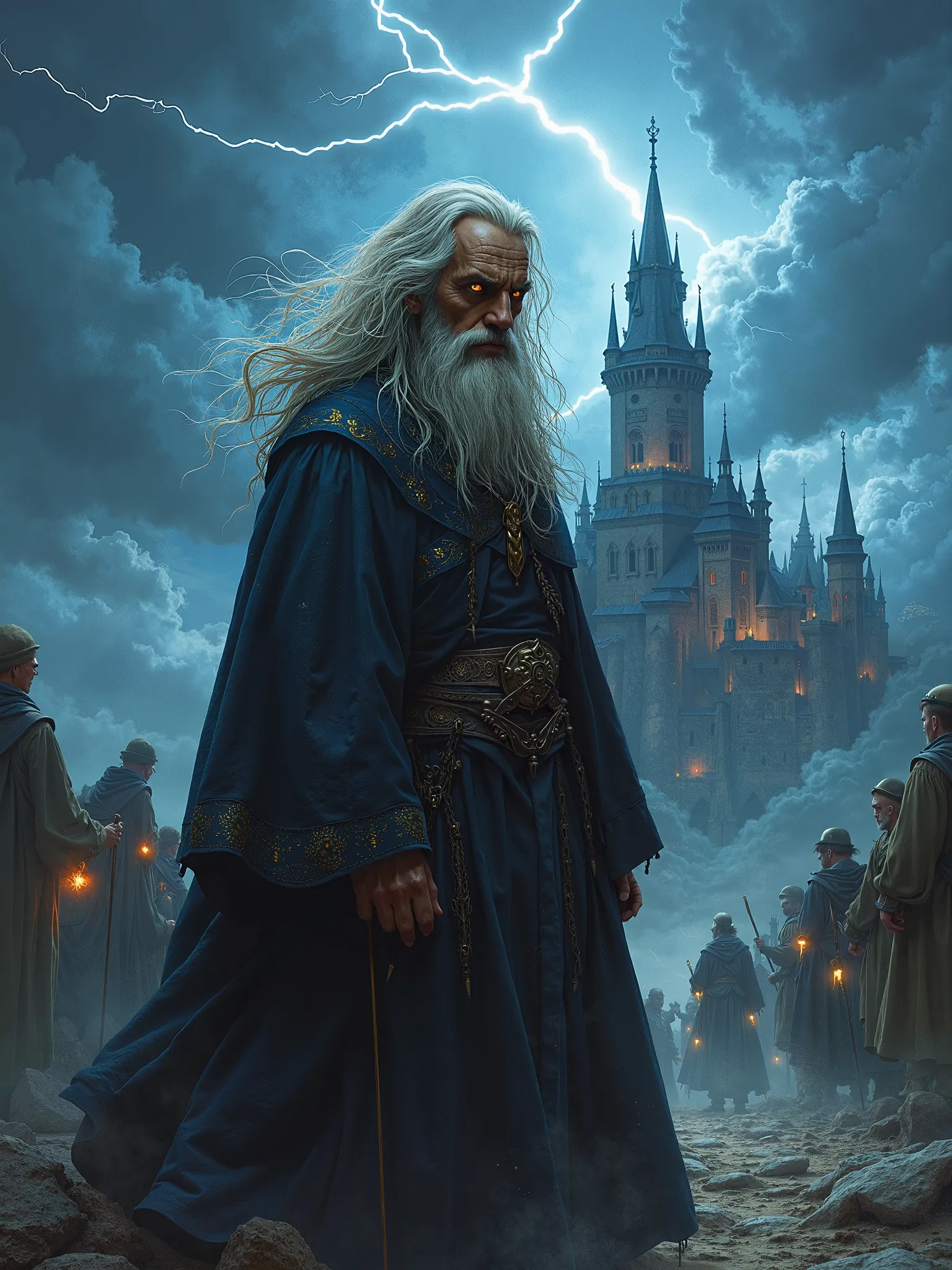 Dragonlance, Raistlin Majere, castle, rolling dark clouds, lightning, fantasy background, high detail, masterpiece.