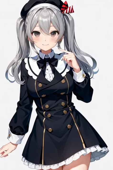   Max Image Quality、  top quality、​masterpiece、１people々、Alone、 、Kashima、smile、 shy、 gray hair、  twin tails、beret、 big breasted, Nun&#39;s Robe, church,  stained glass ,  serious expression, cross,  blurry background