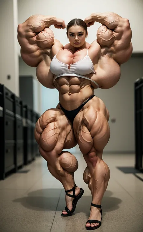 Midel detaile face, bikini outfit, (muscle texture:1.6), giga bodybuilder, Beautiful Elementary School Girl,, dressed ballerina pitfit, 200kg, gigantic muscles, Full body photo in sandals , Hyper definition muscles, long hair black, dressed as ballerina, f...