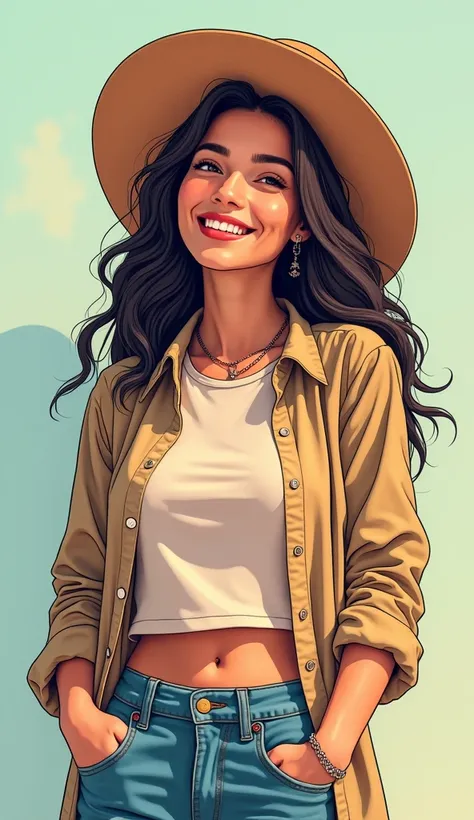 DISCREET image. with discreet casual clothes. image adult woman, american, comic book style. SHE IS HAPPY AND GRATEFUL, with a discreet smile. IMAGES WITH VIBRANT COLORS. light colors