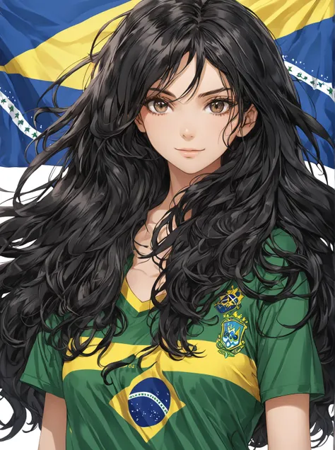 Brazilian anime woman Brazilian national team shirt long black hair anime character Brazil flag