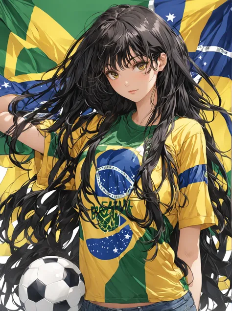 Brazilian anime woman Brazilian national team shirt long black hair anime character Brazil flag