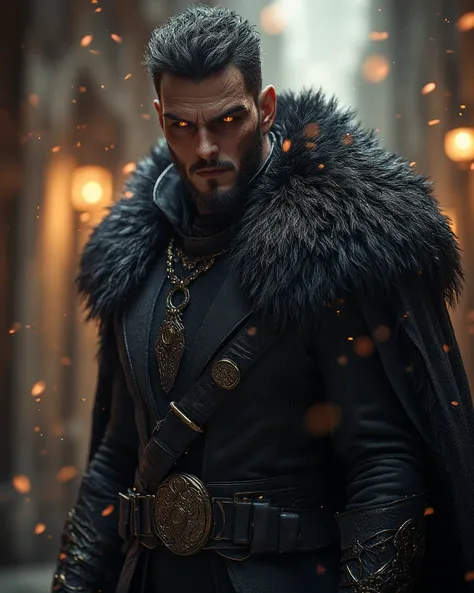 Male, 6'6" tall, big guy, masculine body and face, athletic, thick jaw, proud cheekbones, amethyst color eyes, short black mohawk, cane with a sword hidden inside, black suit and long black fur coat. High Resolution, Masterpiece, Award Winning, High Qualit...