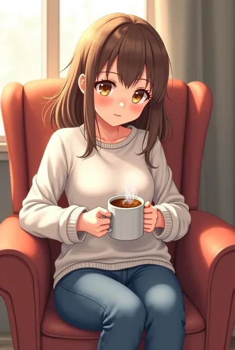 Uma girl,  anime style, girl,  brown hair,  golden eyes,  fair skin, white sweater,  jeans,  sitting on a chair,  having a hot coffee .
