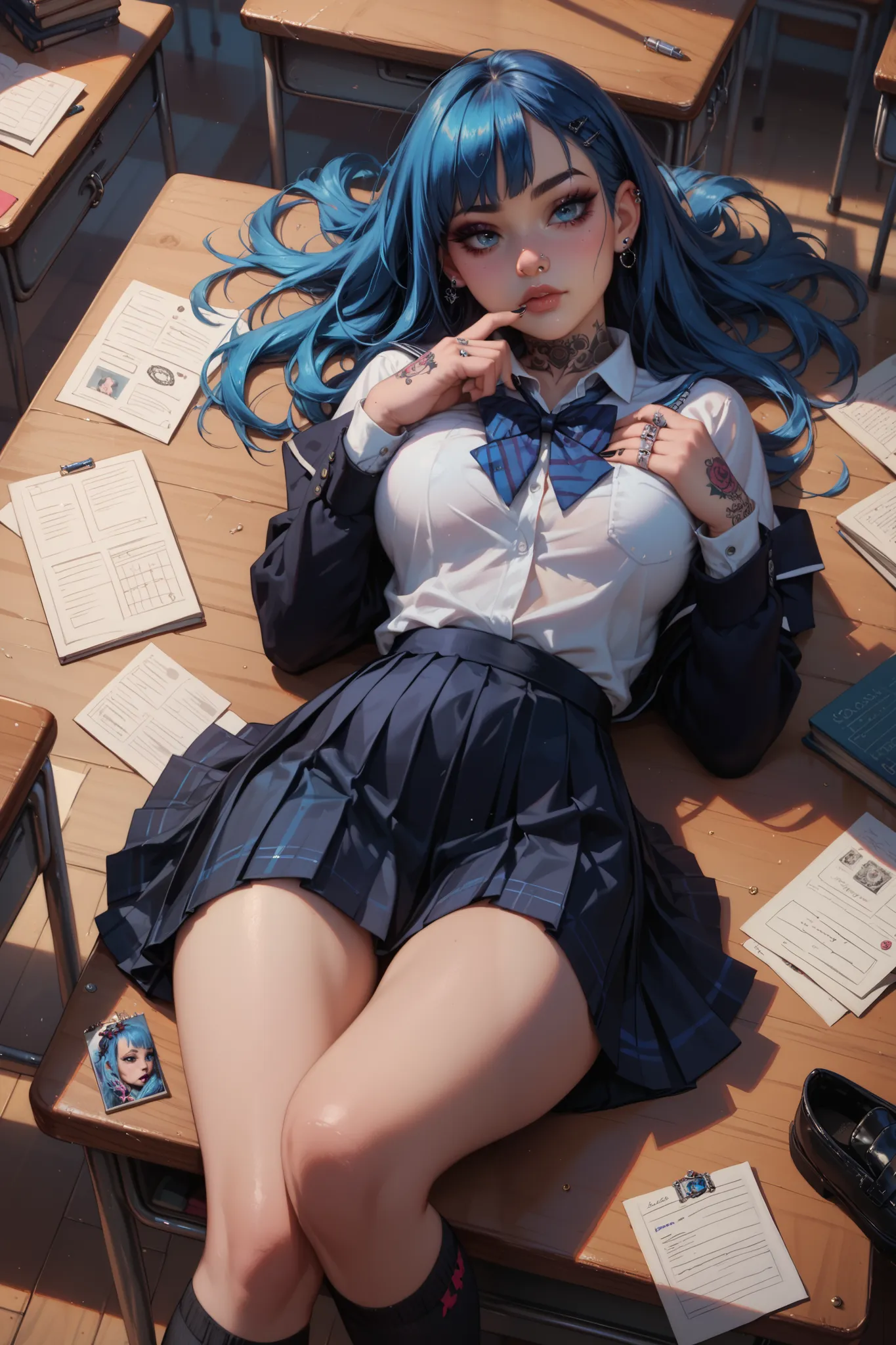 Gothic school girl, blue hair, 19 years old, perfect figure, blue eyes, third breast size, detailed face, lying on a desk at school, tattooed body, pierced nose, black knee-high socks, black school uniform, view from the top