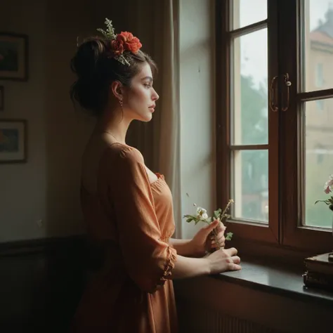 a woman standing by a window with a flower in her hair, near a window, the girl on a windowsill, romanticism portrait, looking in the window, looking out a window