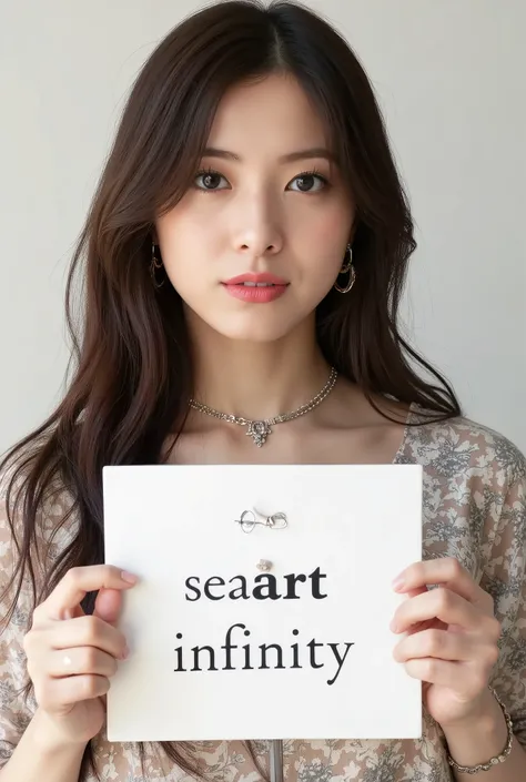 Beautiful girl with wavy long hair, bohemian dress, holding a white board with text "I Love Seaart Infinity" and showing it to the viewer