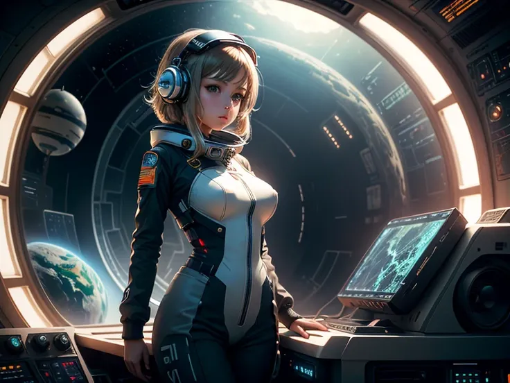  super realistic ,  photorealistic ,  dramatic scene , shadow,  global lighting , One, very beautiful fragile astronaut girl ,  very pretty with a very cute ,  but with a boyish cool face , ( big breasts ),  thin waist, (in a jumpsuit with a skirt), headse...