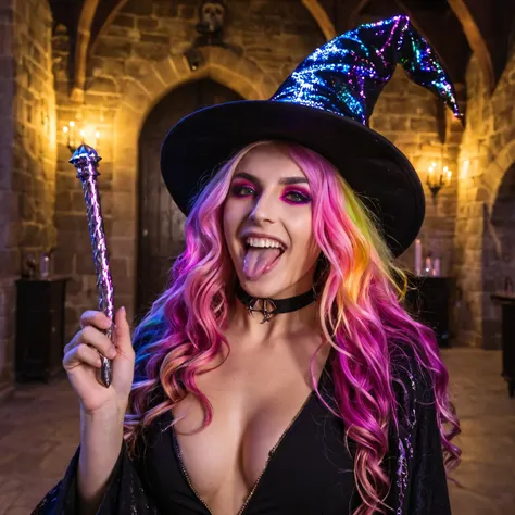 a magic student with tight clothes in a castle like Hogwarts with a magic wand in her hand the glowing, colorful hair,  very long hair, wavy hair, colorful eyes,  sparkling eyes , Creolen, Make-up,  Open Mouth,  seductive smile ,  oral invitation , wizard&...