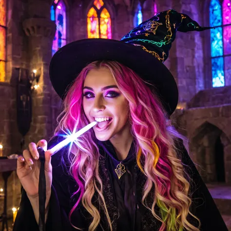 a magic student with tight clothes in a castle like Hogwarts with a magic wand in her hand the glowing, colorful hair,  very long hair, wavy hair, colorful eyes,  sparkling eyes , Creolen, Make-up,  Open Mouth,  seductive smile ,  oral invitation , wizard&...