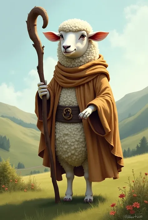 A standing sheep holding a staff and a shepherd's robe on it, implying that the shepherd is also a sheep. 