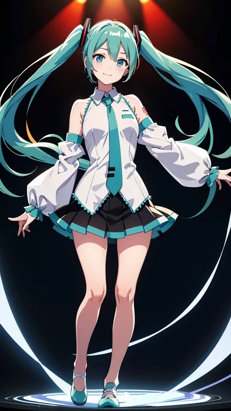  Masterpiece ,   hatsune miku ,   white shirt,  blue tie,  detail faces, Broken sleeves ,  stage, a smiling face illuminated by ,  Full-body high-definition image,  dark eyes, Orange pupil,  light sings to red light  