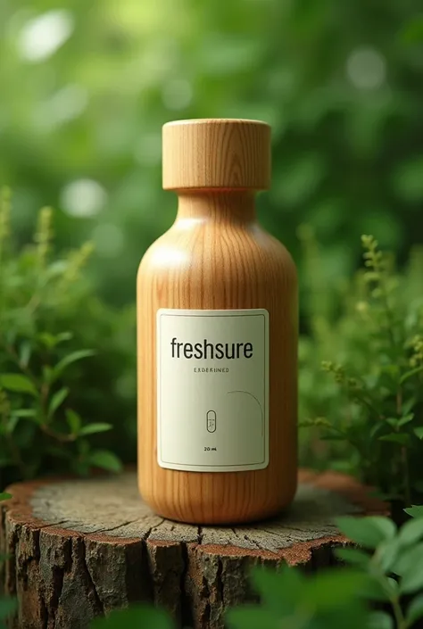 Make it 30 ml, 10.3 cm height and diameter 3.4 cm. Make the background green and the bottle made of wooden. Add a label in a bottle that says, "FreshSure" 