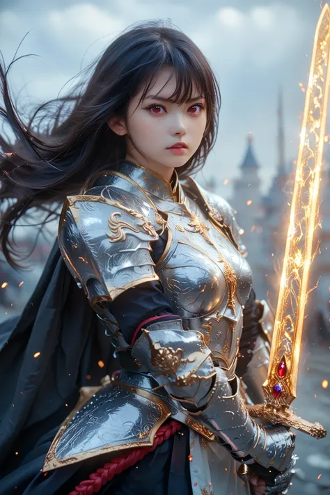 Japanese girl knight in armor and with a sword, black long hair develops in the wind,  Red eyes ,  fighting pose , ready for a duel, manufactured weapons, an aura shines from the sword, silver armor with gold patterns,  golden crown on the head ,  full len...