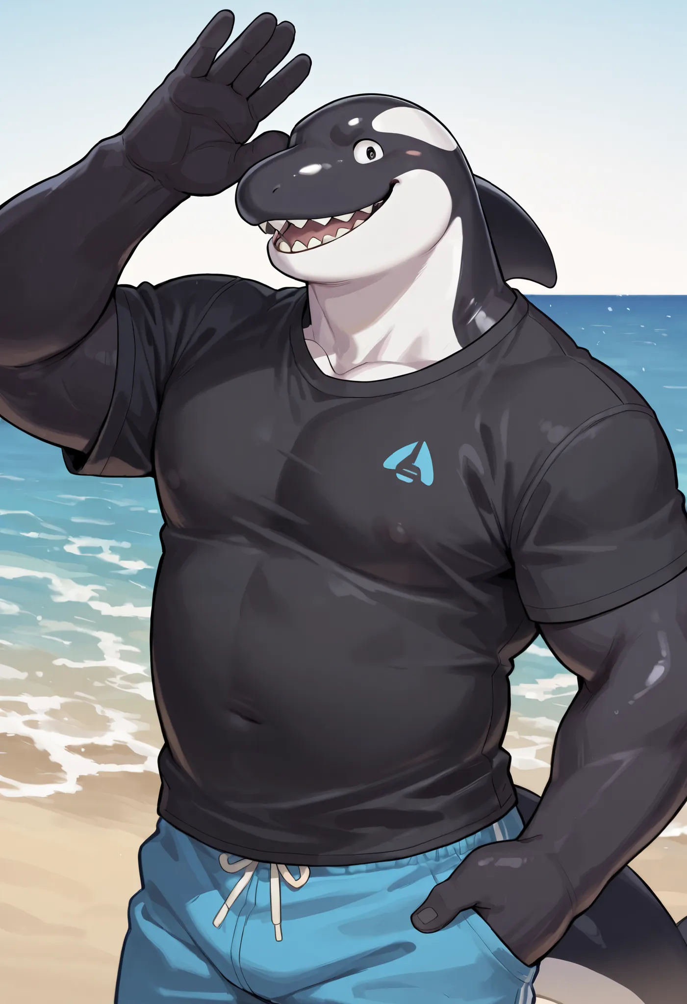 Orca, anthro, handsome,  casual pose , wearing open black shirt, looking at viewer, standing at beach, happy face, waving to viewer