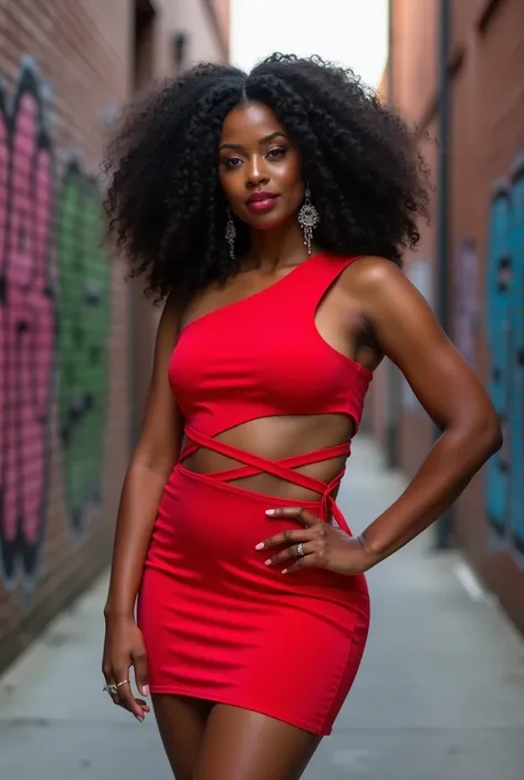 A curvaceous Black woman in a cropped, one-shoulder mini dress made of vibrant red neoprene with bold cutouts, paired with black patent leather pumps and statement drop earrings. Her voluminous curls frame her face, set against an urban alley adorned with ...