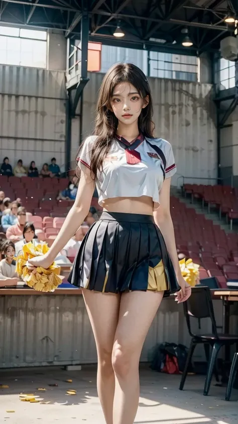 A beautiful young Japanese woman, 20 years old, with perfect anatomy, healthy thighs, beautiful feet, flawless skin, random hair color and style, large bust, (she is standing:1.2), wearing a cheerleader uniform with micro-pleated miniskirt, in a full body ...