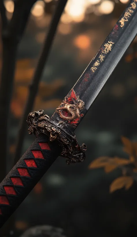(best quality, 128k,highres,masterpiece:1.2),ultra-detailed,(realistic,photorealistic,photo-realistic:1.37), ((masterpiece)) ((photography)) ((Highest quality)) A close-up shot of a majestic katana with a black and red color scheme, positioned diagonally f...