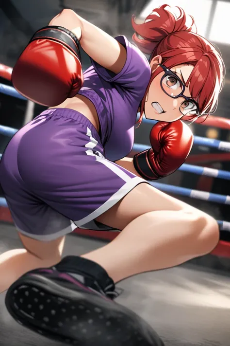 Female, European, short red hair, kick boxing, control the elements, glasses, Purple clothing, brown eyes