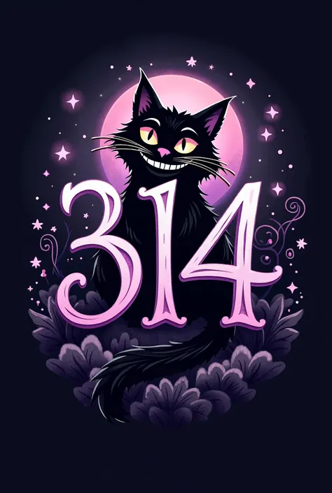 A logo for 314 ,  in the Wonderland theme that is a logo with the colors white,black and purple.  Must have the Cheshire cat also  