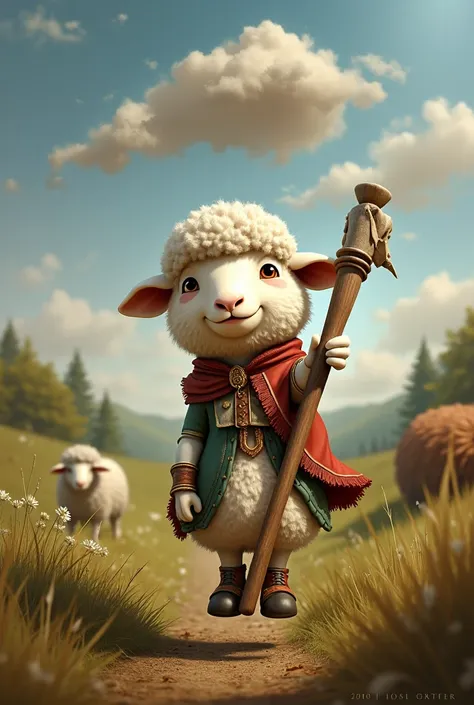 Put a shepherd's outfit on this sheep in the picture