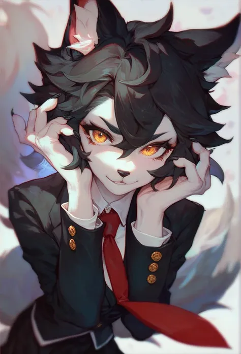 Furry wolf girl with black hair, black ears,  white skin,  golden eyes,  red tie , black suit and black skirt 
