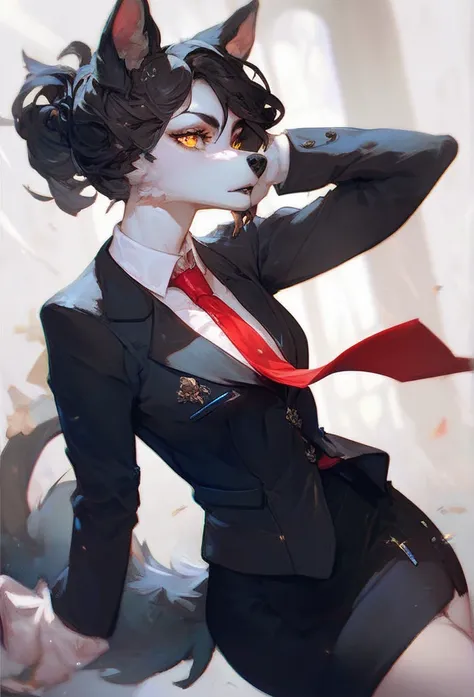 Furry wolf girl with black hair, black ears,  white skin,  golden eyes,  red tie , black suit and black skirt 
