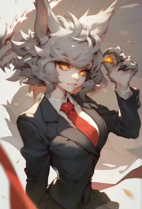 Furry werewolf girl with gray hair,  gray ears ,  white skin,  golden eyes,  red tie , black suit and black skirt 
