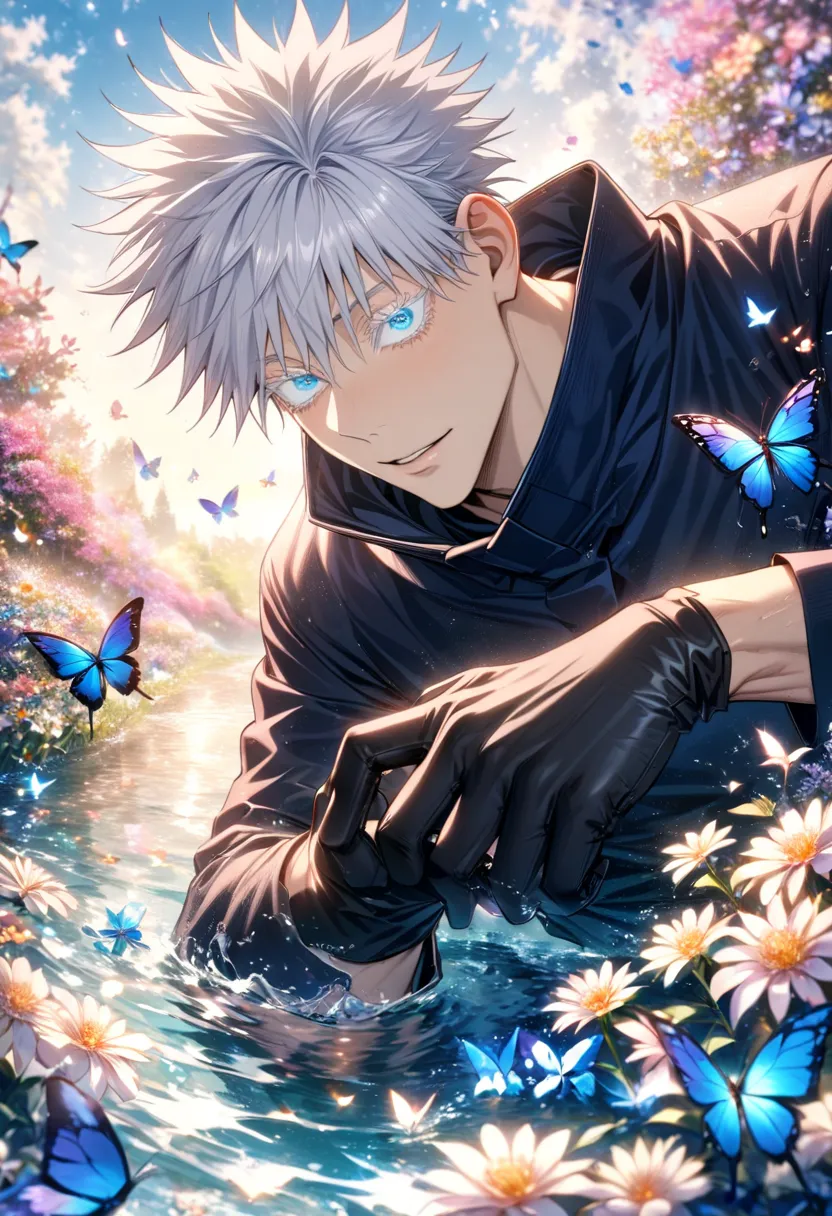 absurdres, highres, ultra detailed, HDR, master piece, best quality, perfect face, Gojou Satoru, white hair, expressive blue eyes, white eyelashes, colored eyelashes, Jujutsu Kaisen, solo, sexy man, handsome, sensual, black jacket, black shirt, black glove...