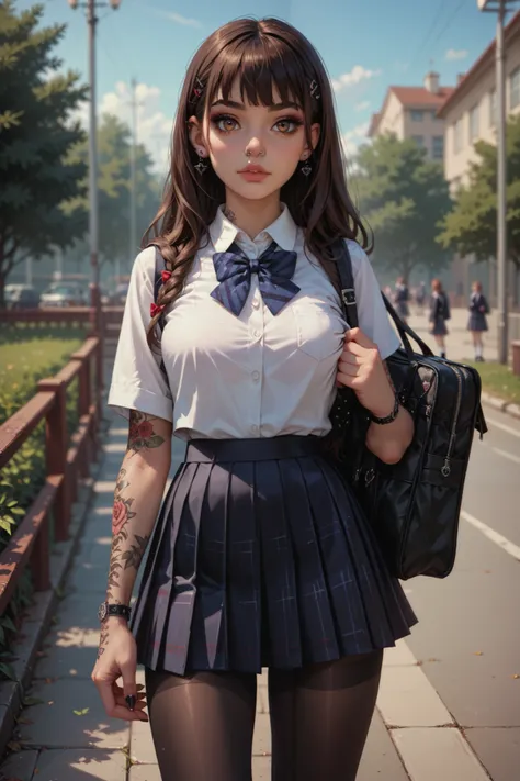 Gothic school girl, brown hair, 19 years old, perfect figure, brown eyes, third breast size, detailed face, standing at school, tattooed body, pierced nose, tights, black school uniform, long legs, front view