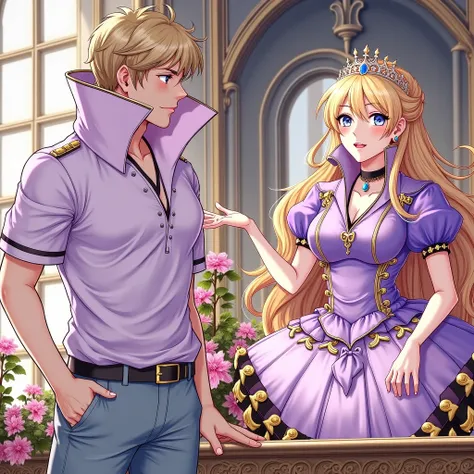 Anime Prince wearing a Massive Popped Collar Polo with a collar so high it's taller than his head looking at his Princess Girlfriend