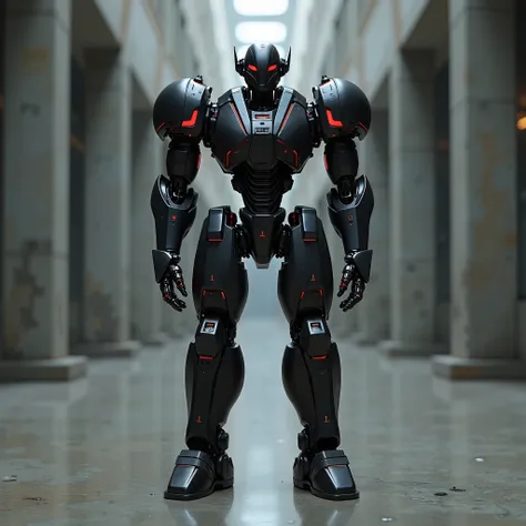 , the steel robot. Designed in the style of time travel., The main color is black, cut red.,  stand upright , Straight legs , 