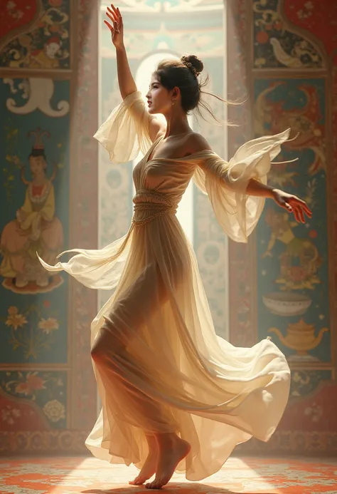 /I A beautiful girl dancing,dunhuang mural，female,fairy dancing,best shot of，photo realistic,digital painting,ultra-detaile,unreal engine, 8k --ar 3:4 --s 700 --v 6.0