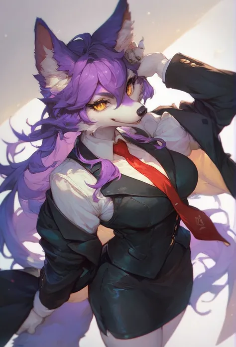 Furry wolf girl with purple hair,  purple ears ,  white skin,  golden eyes,  red tie , black suit and black skirt 
