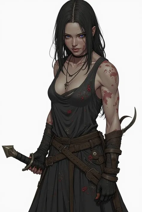   Cait is a woman of average height ,  with a muscular body marked by scars from past battles.  Her hair is disheveled and dark in color ,  and her eyes reflect a mixture of pain and anger .  She dresses in a simple ,  often with torn clothes , and always ...