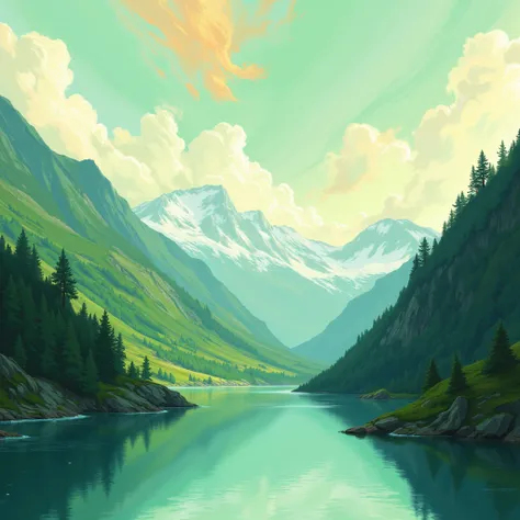 Chill waters, mountains, trees, abstract pastel green blue and orange sky backgroung of curved and smooth shapes, at back to the clouds.