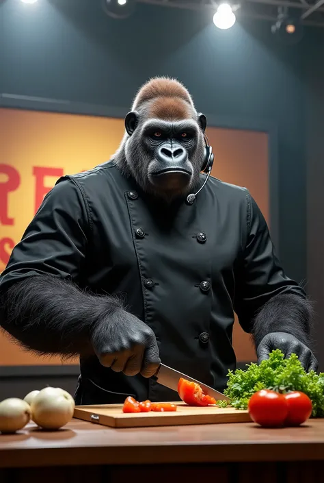 A serious-looking gorilla in a professional black chef’s jacket stands under bright studio lights, gesturing dramatically toward a cutting board stacked with fresh vegetables. He holds a microphone headset like he’s hosting a reality cooking competition, p...