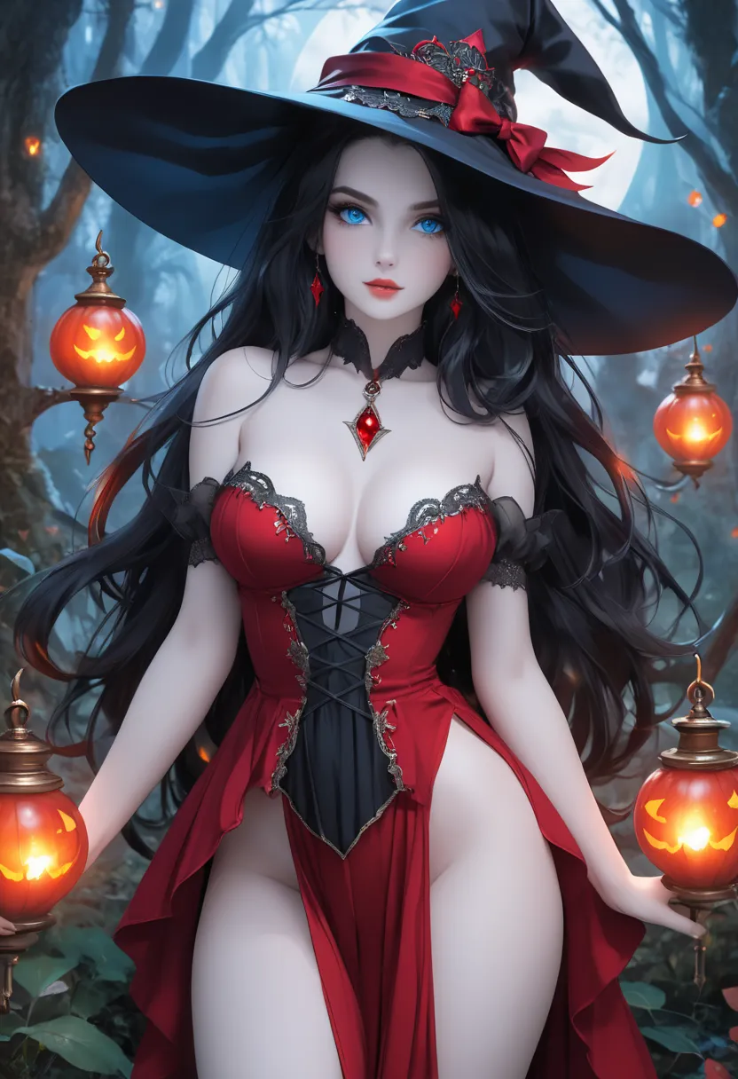 A sexy witch in red with white skin blue eyes long black hair in a mystical enchanting place Magical Beautiful