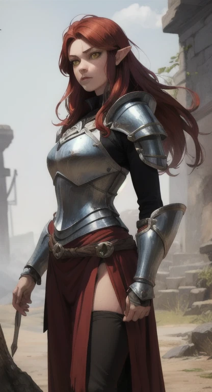 lost era, Prehistoric Hylian, Knight princess, Rionyx, red hair, yellow eyes, looking at viewer, long messy hair, prehistoric kingdom , lore accurate, prehistoric armor, prehistoric City,